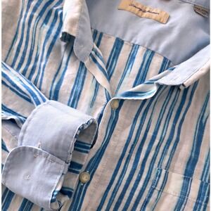 Tommy Bahama Linen White Blue Brush Stroke Stripes LS Button Shirt Mens Sz 3XL